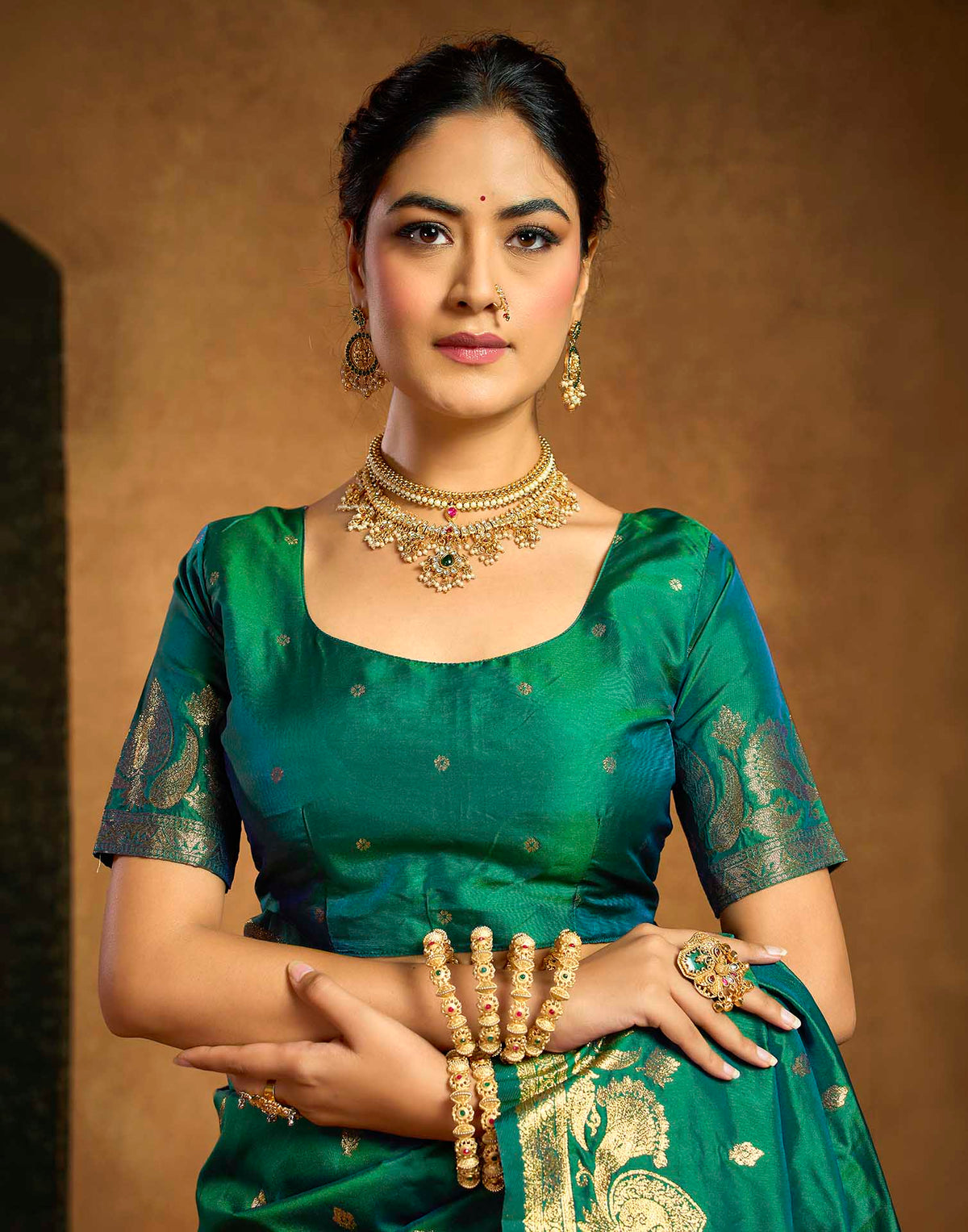 Bottle Green Silk Woven Banarasi Saree
