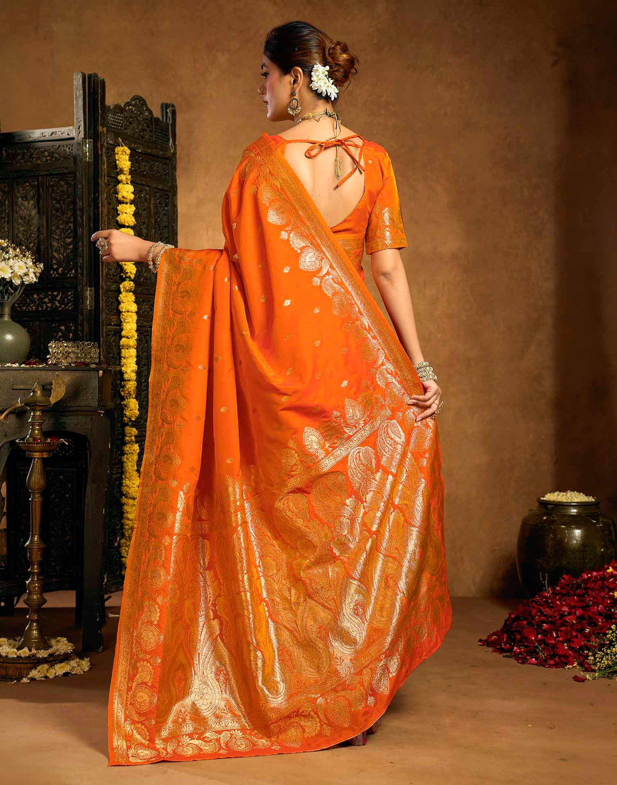 Orange Silk Woven Banarasi Saree