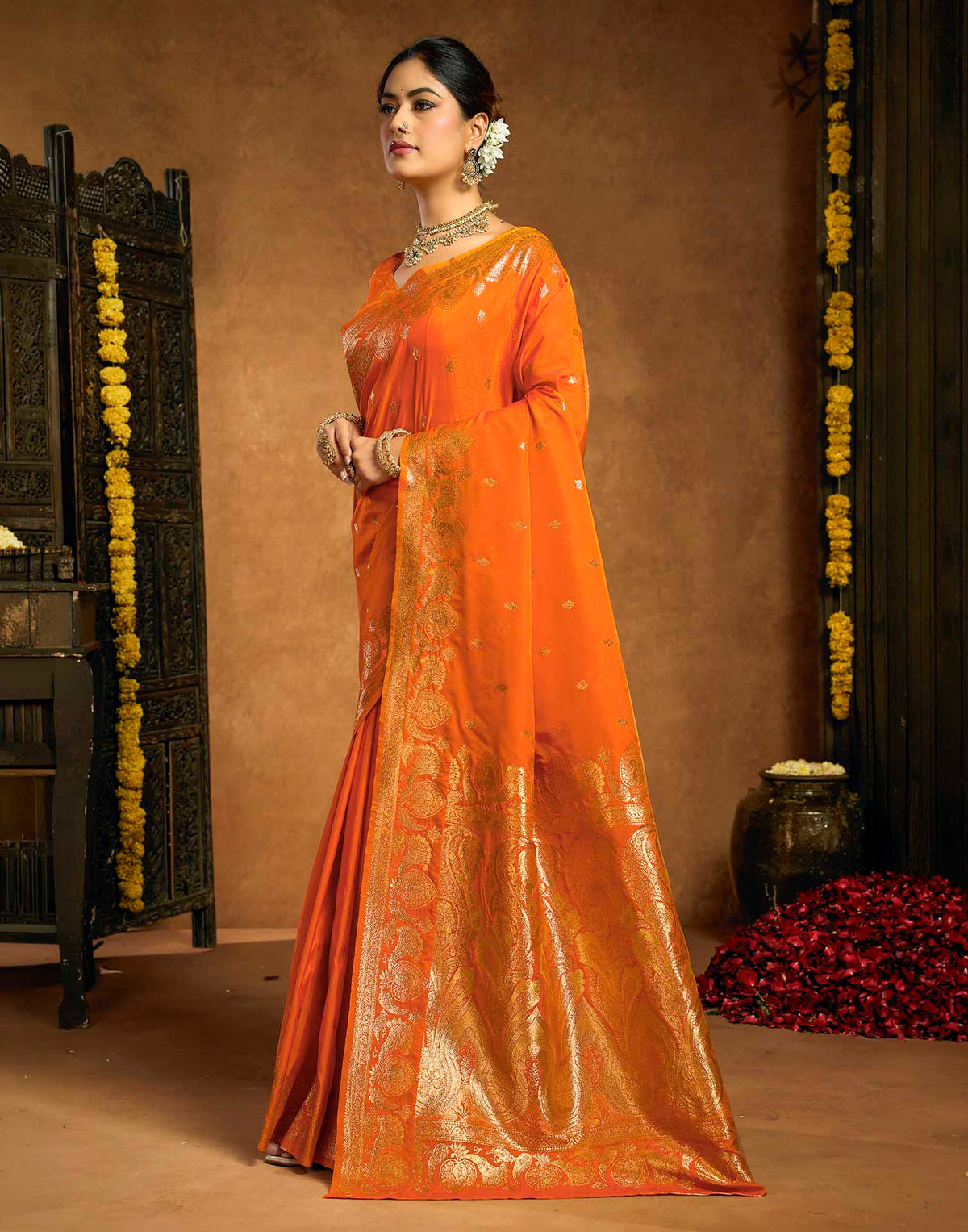Orange Silk Woven Banarasi Saree