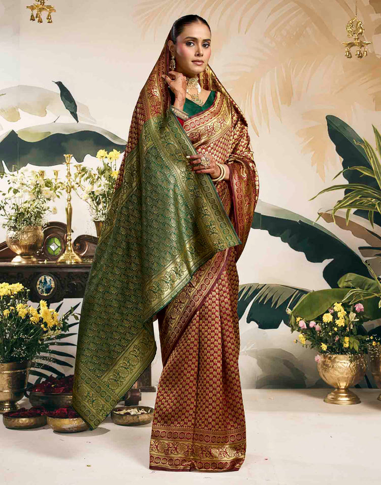 Maroon Silk Woven Banarasi Saree