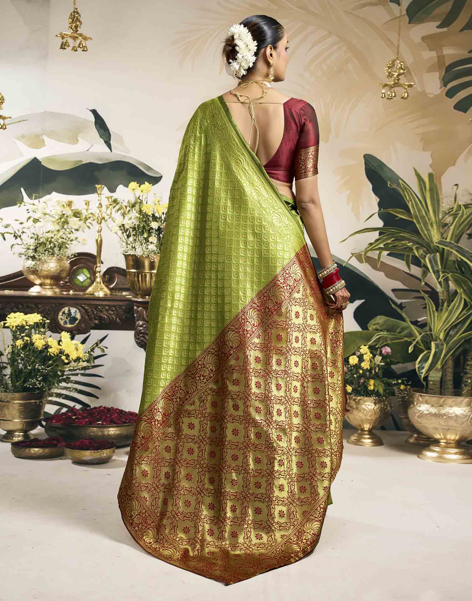 Parrot Green Silk Woven Banarasi Saree