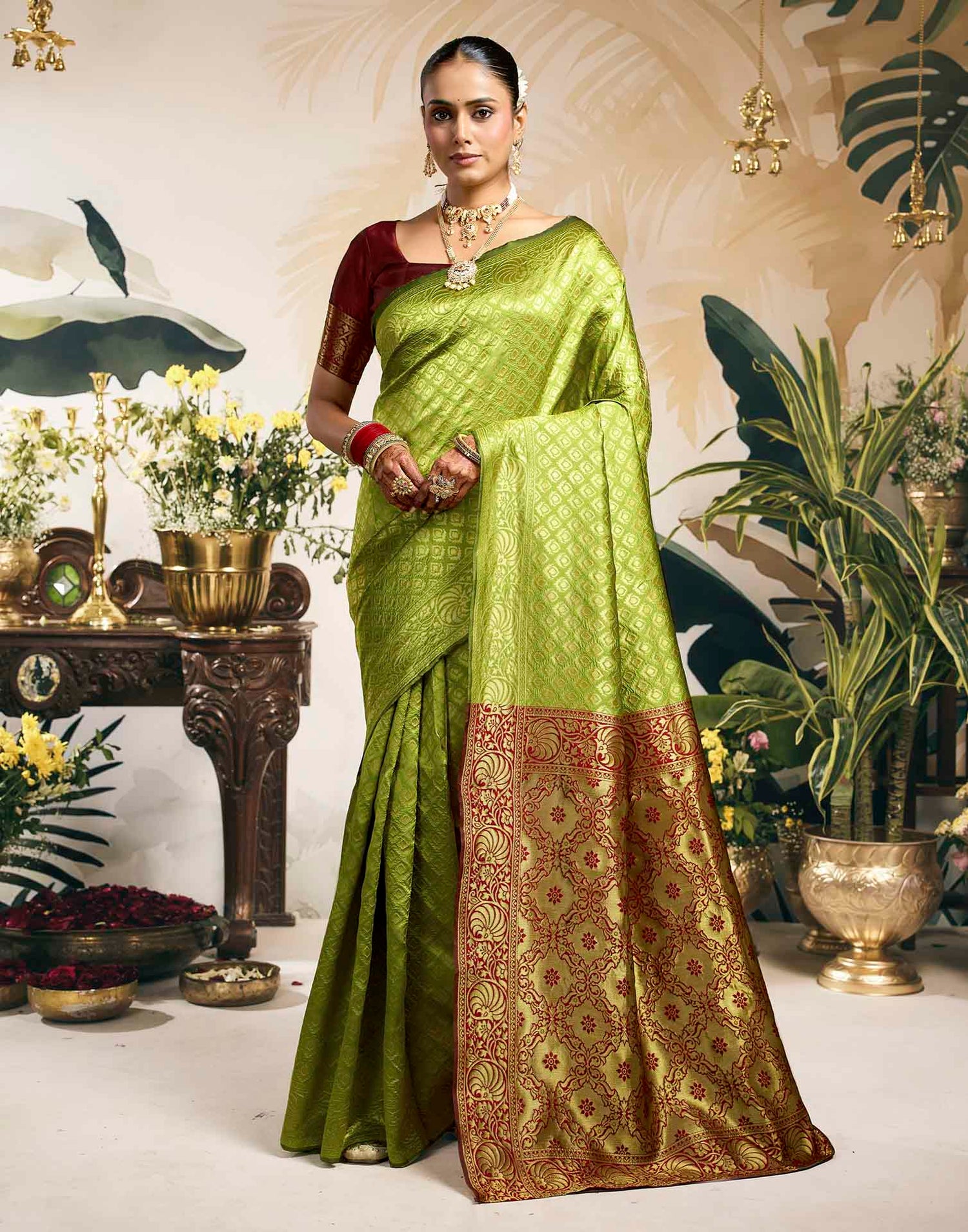 Parrot Green Silk Woven Banarasi Saree
