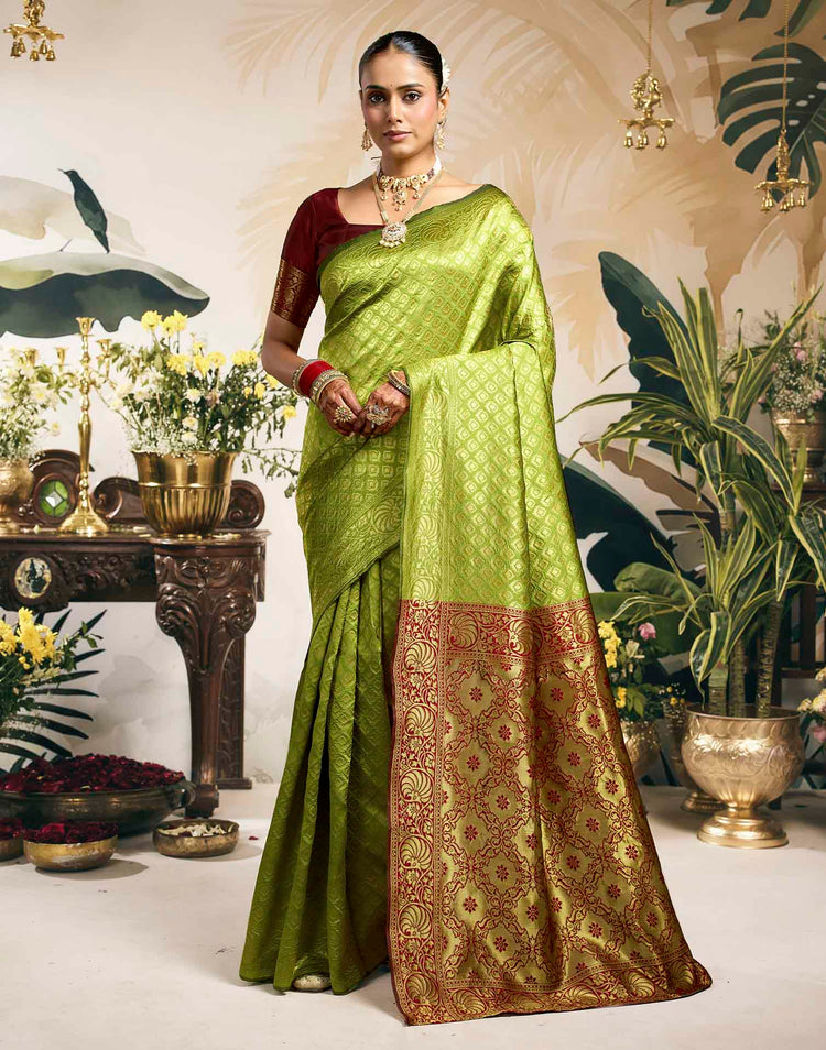 Parrot Green Silk Woven Banarasi Saree