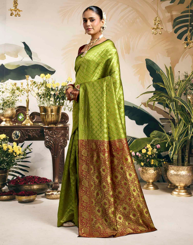 Parrot Green Silk Woven Banarasi Saree