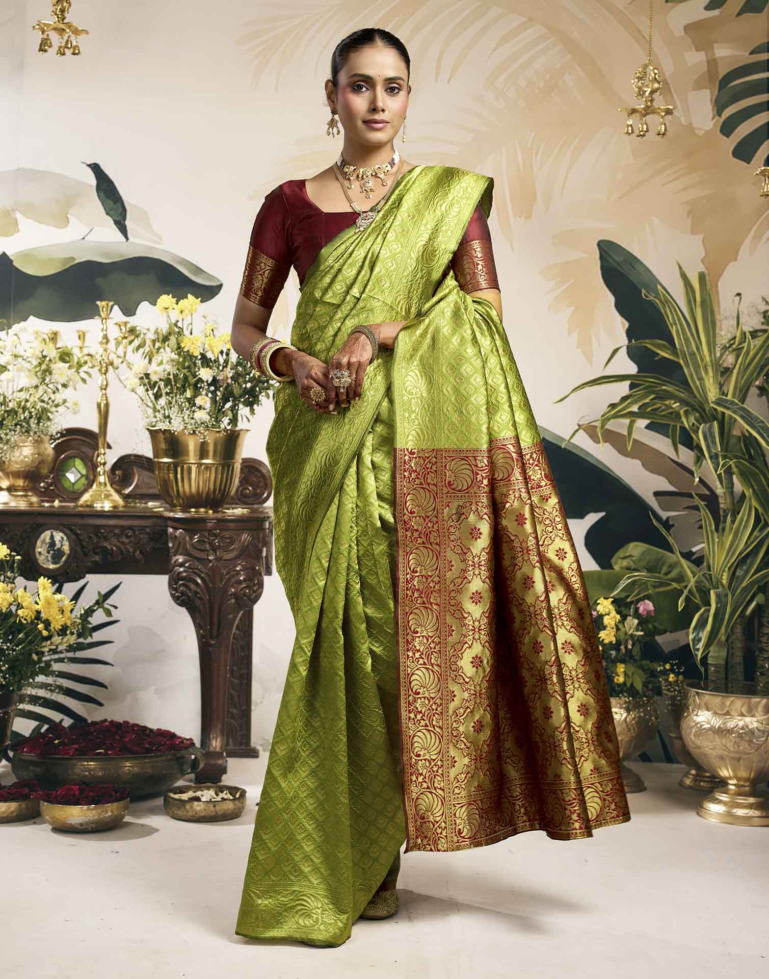 Parrot Green Silk Woven Banarasi Saree