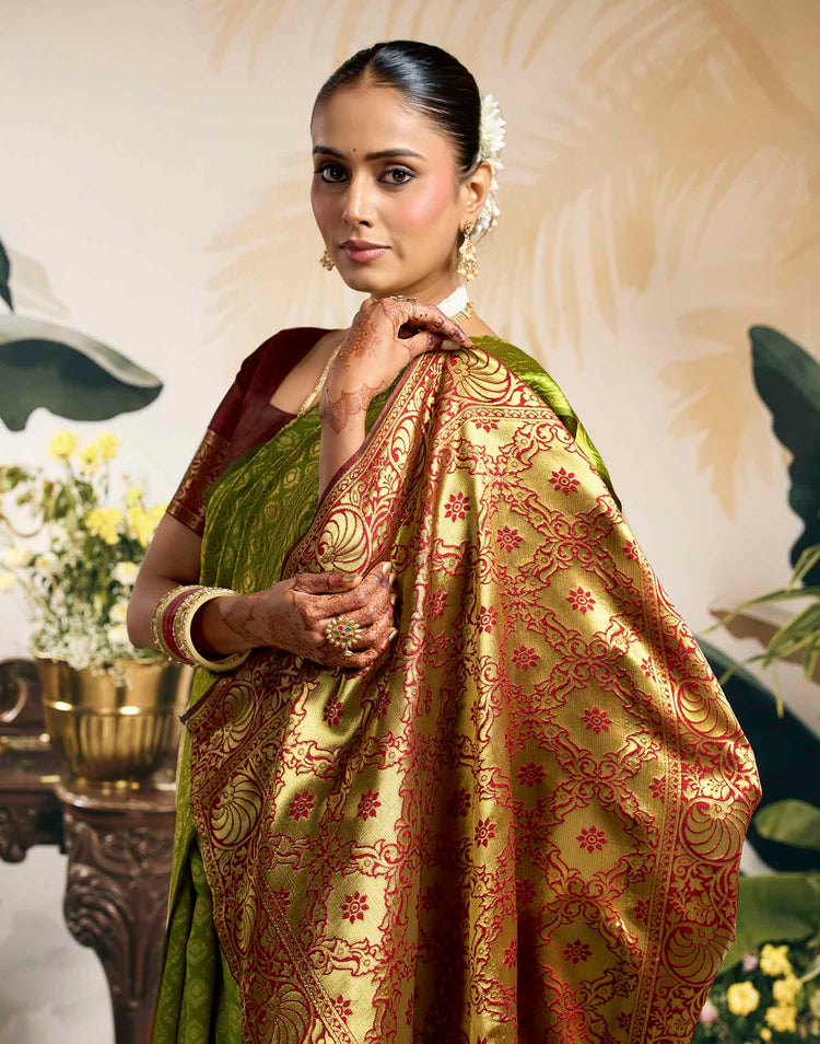 Parrot Green Silk Woven Banarasi Saree