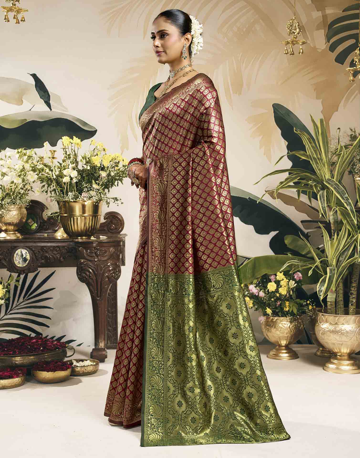 Maroon Silk Woven Banarasi Saree