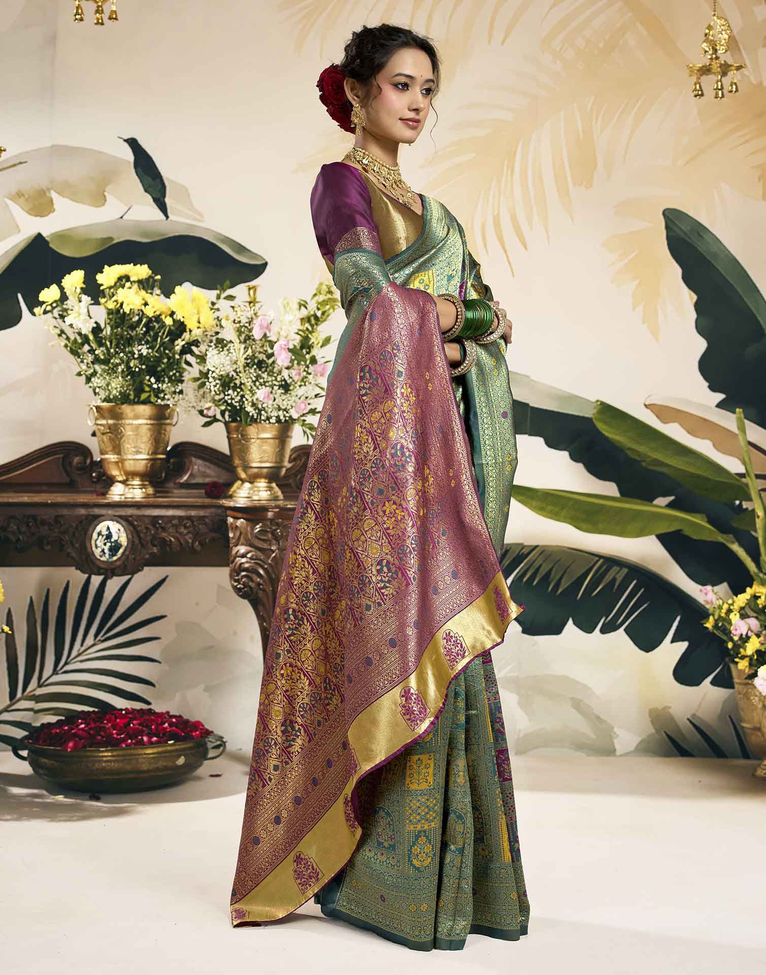 Teal Green Silk Woven Banarasi Saree