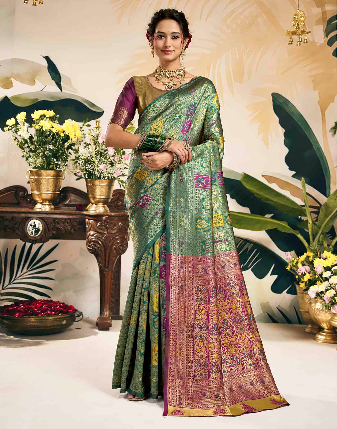 Teal Green Silk Woven Banarasi Saree