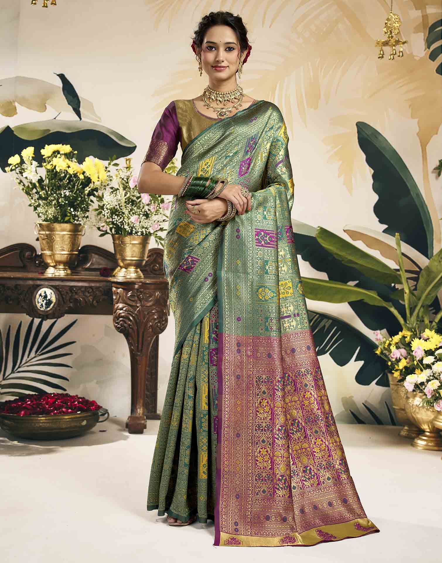 Teal Green Silk Woven Banarasi Saree