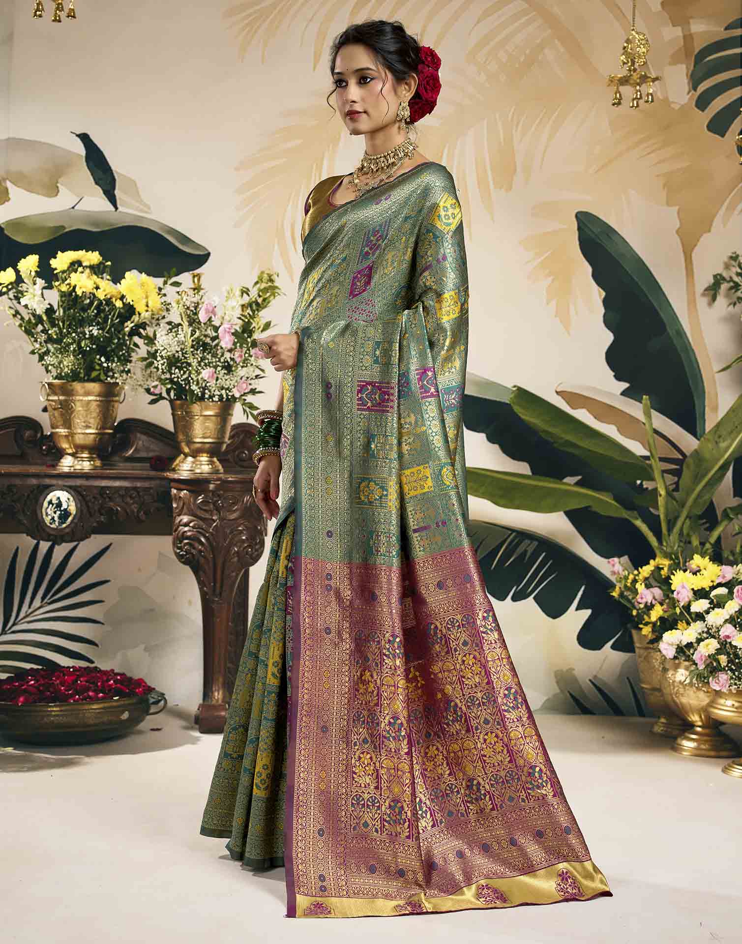 Teal Green Silk Woven Banarasi Saree