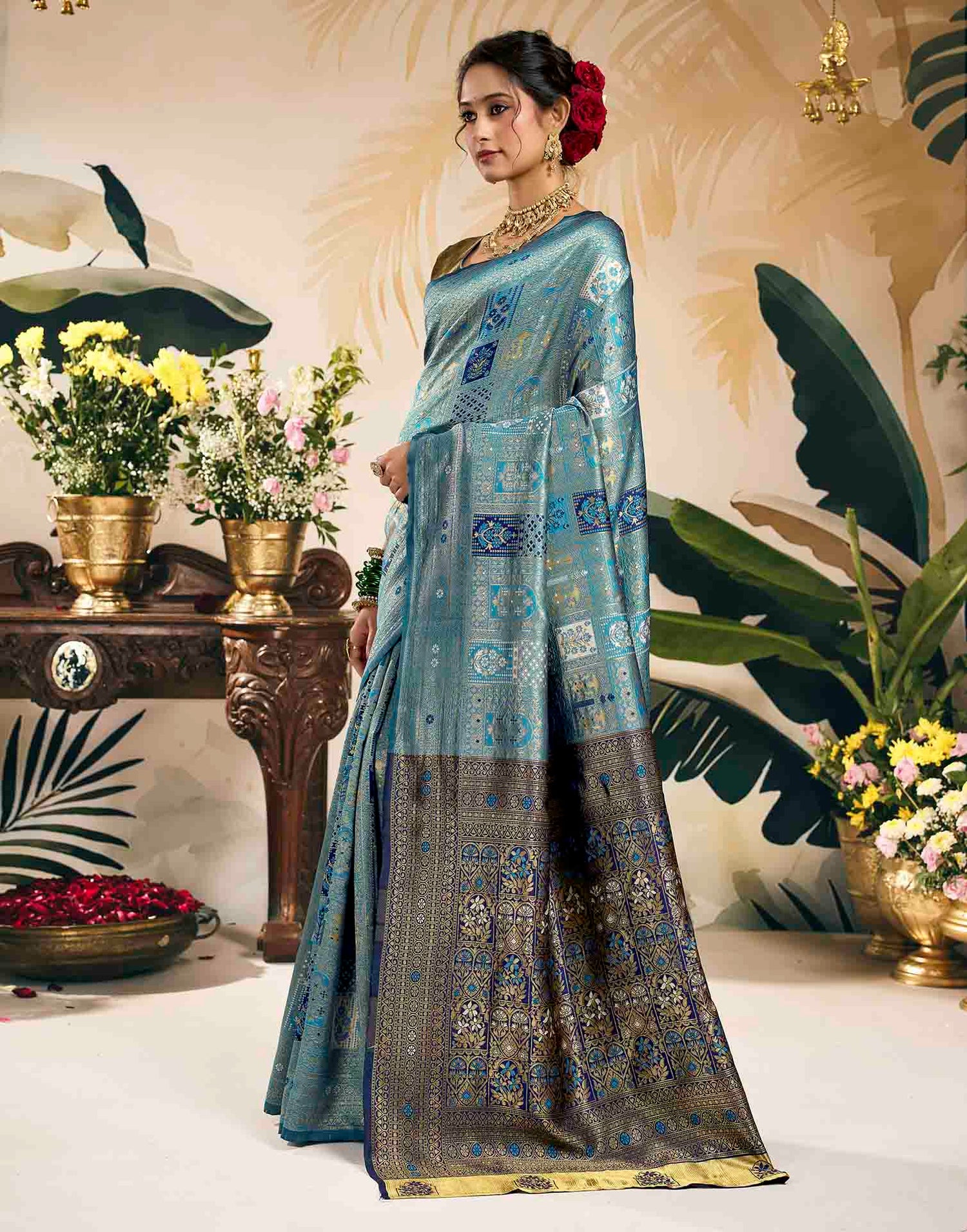 Sky Blue Silk Woven Banarasi Saree