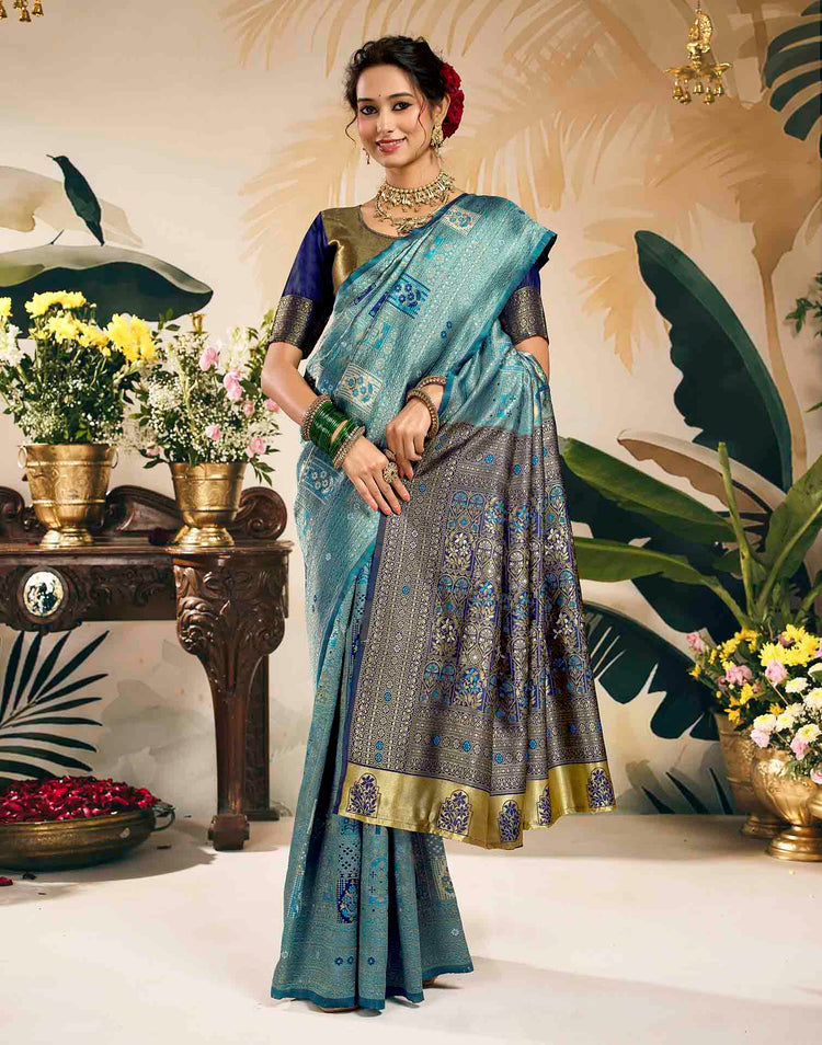 Sky Blue Silk Woven Banarasi Saree
