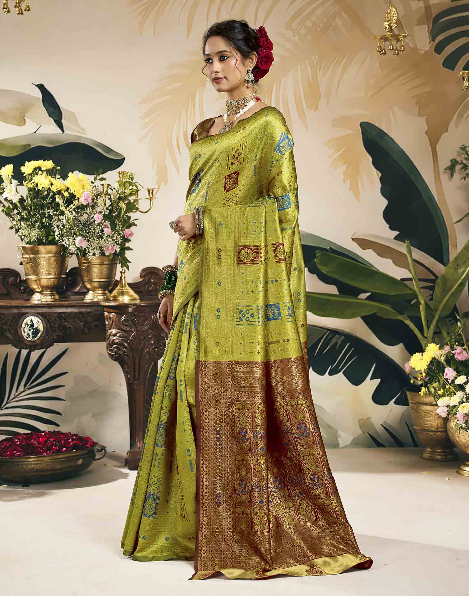 Parrot Green Silk Woven Banarasi Saree