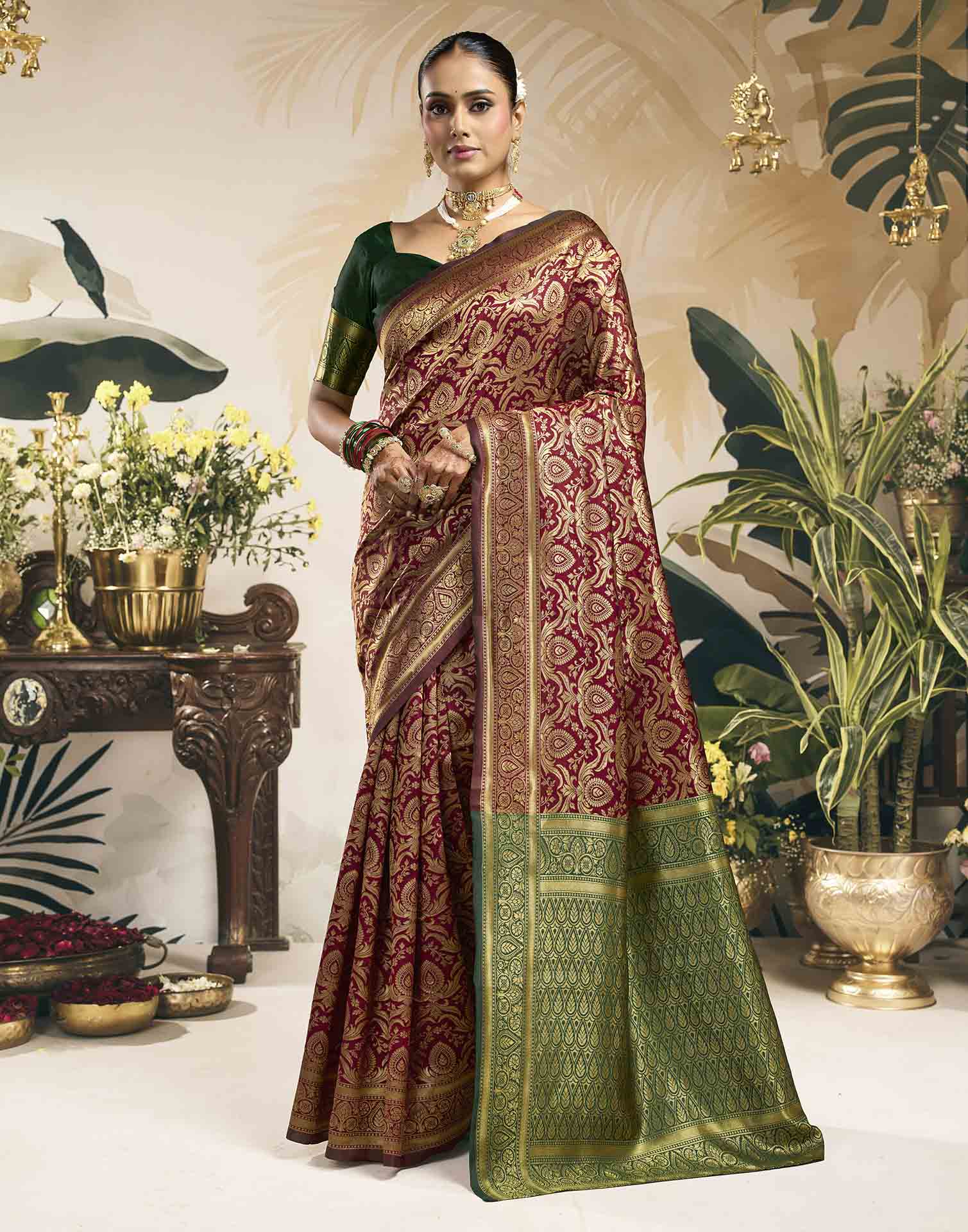 Maroon Silk Woven Banarasi Saree