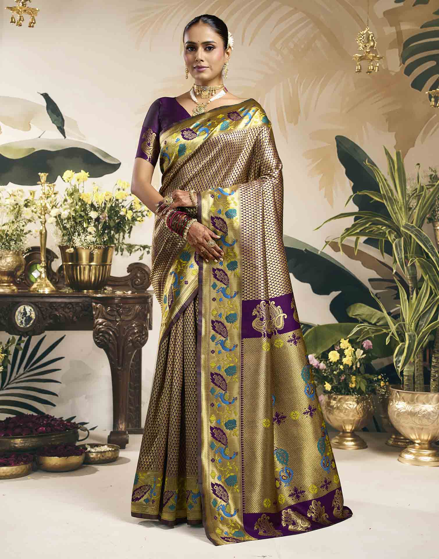 Wine Silk Woven Banarasi Saree