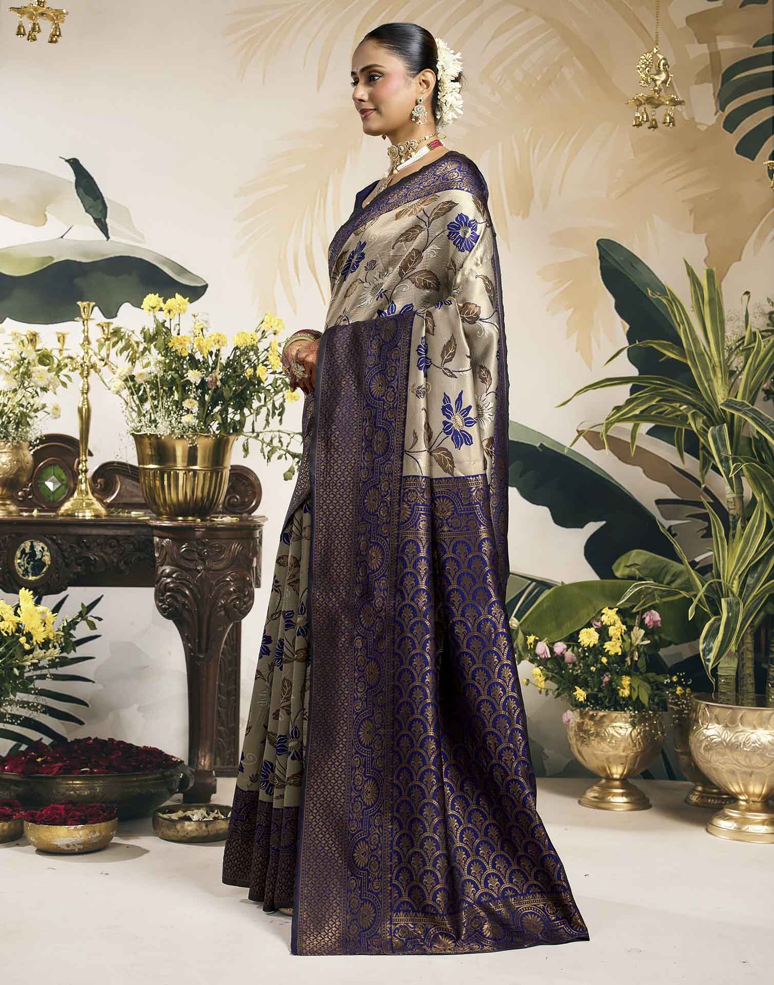 Grey Silk Woven Banarasi Saree