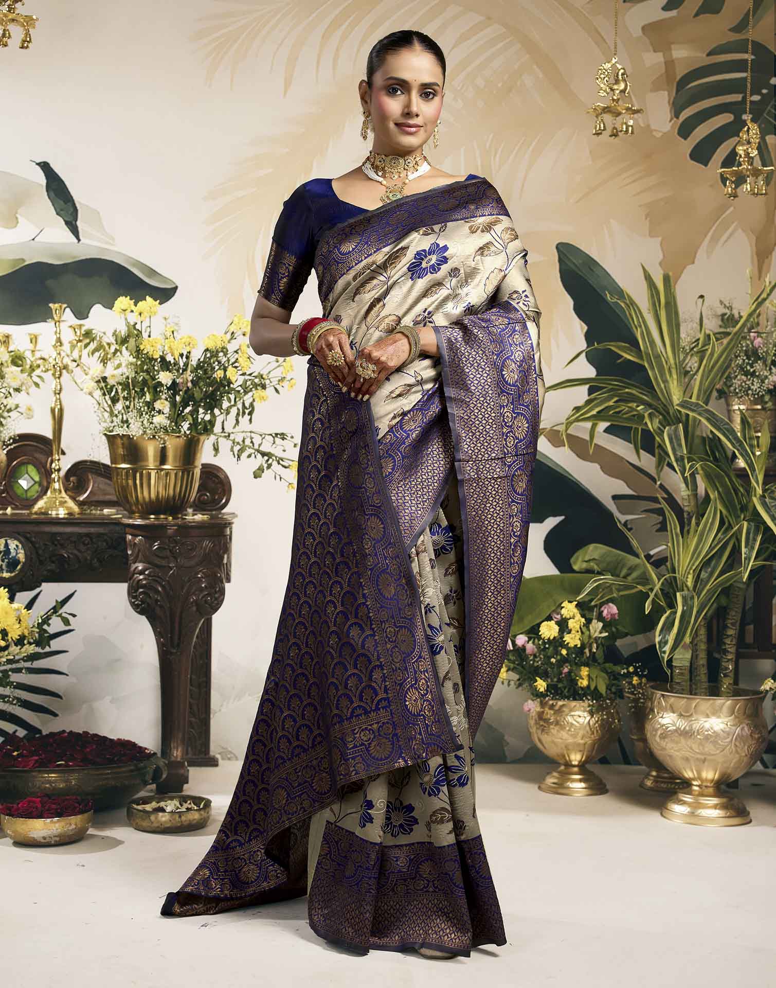 Grey Silk Woven Banarasi Saree