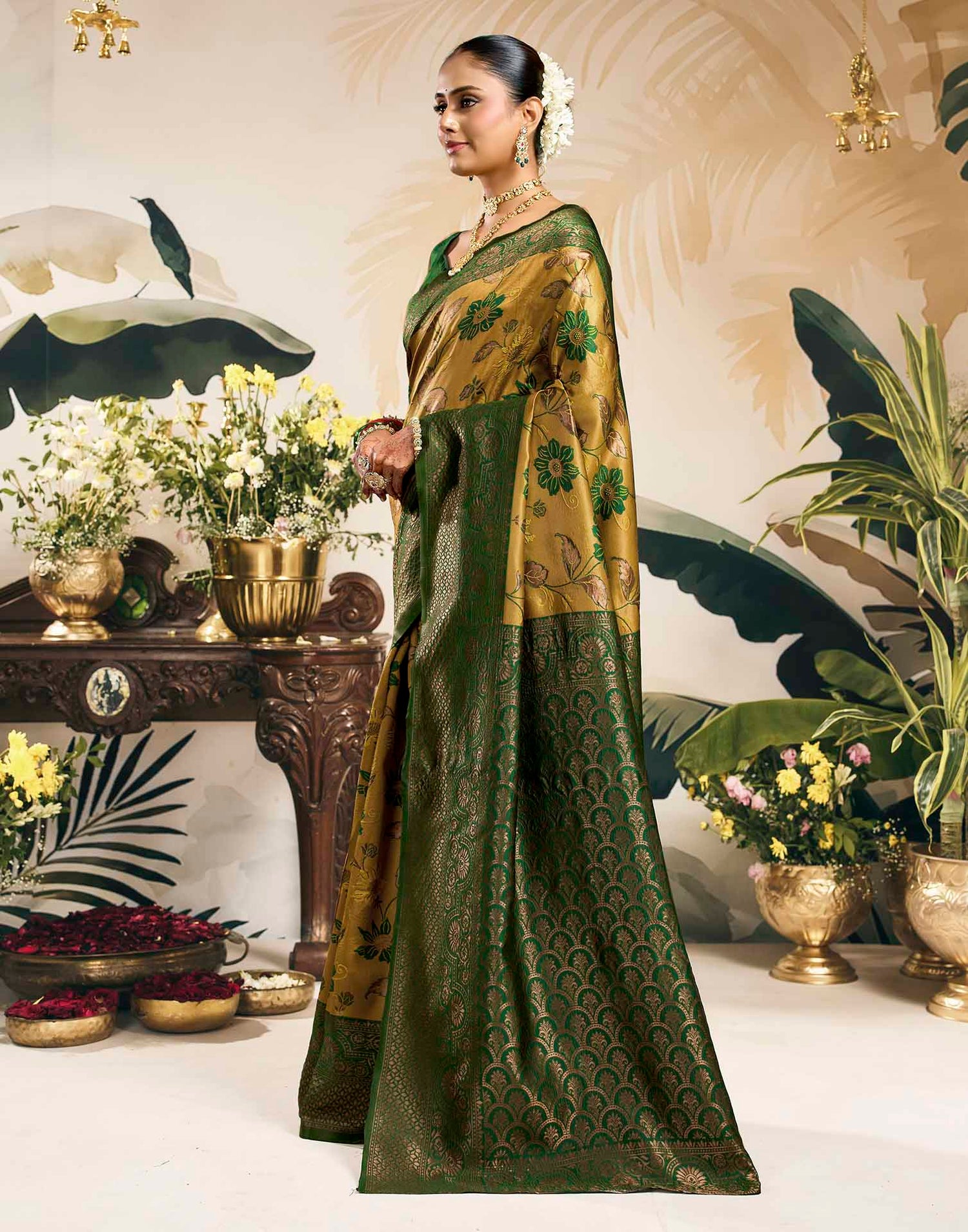 Mustard Yellow Silk Woven Banarasi Saree