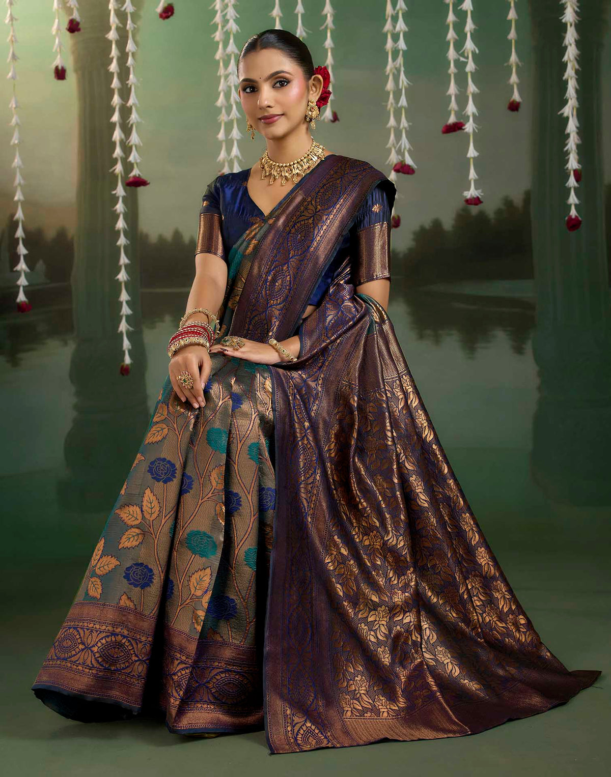 Charcoal Grey Silk Woven Banarasi Saree