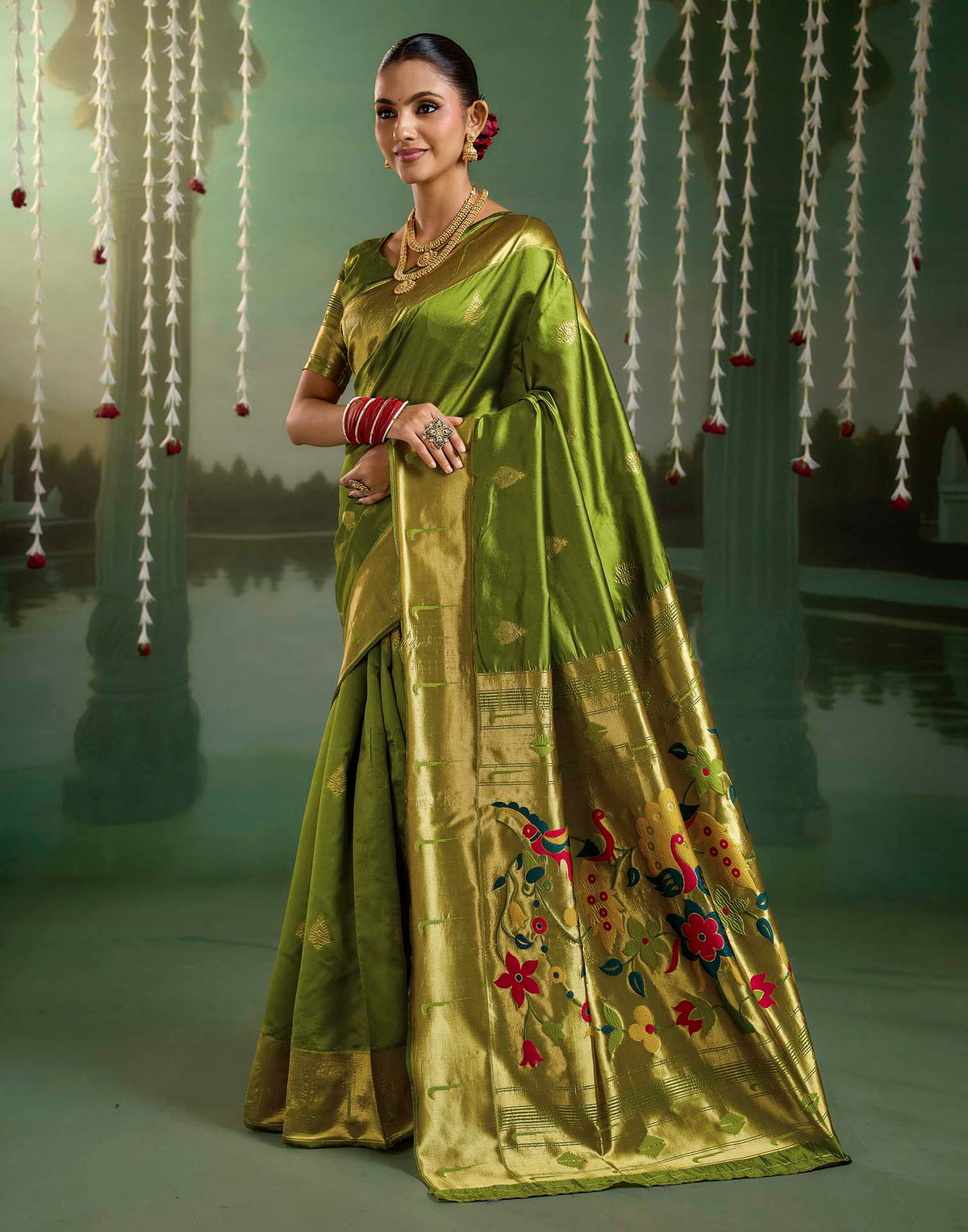 Parrot Green Silk Woven Paithani Saree