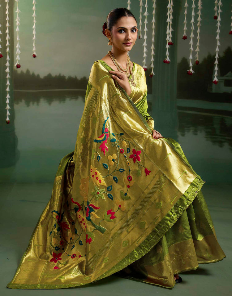 Parrot Green Silk Woven Paithani Saree