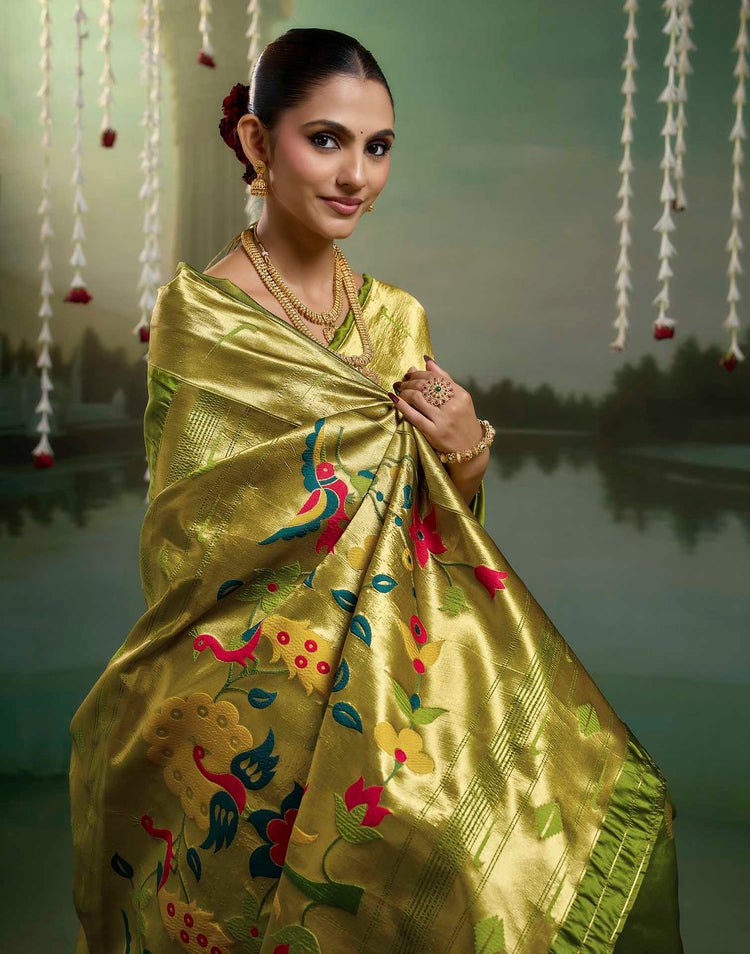 Parrot Green Silk Woven Paithani Saree