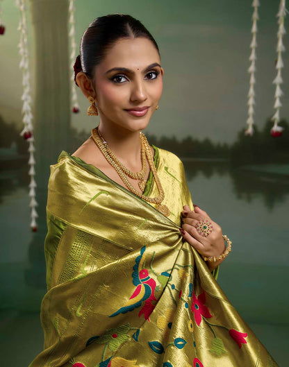 Parrot Green Silk Woven Paithani Saree