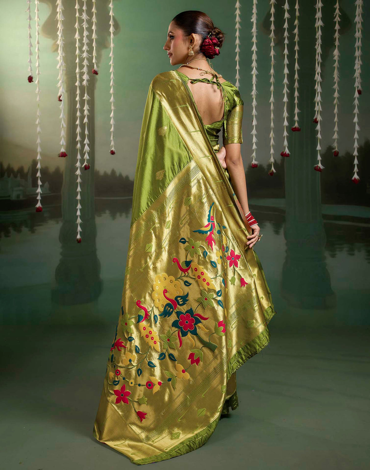 Parrot Green Silk Woven Paithani Saree