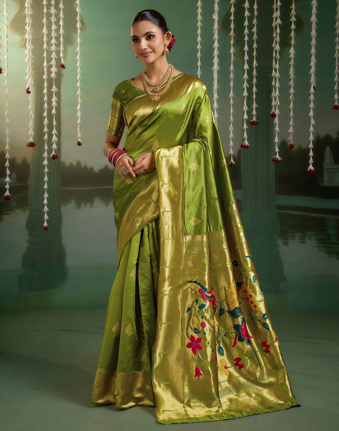 Parrot Green Silk Woven Paithani Saree