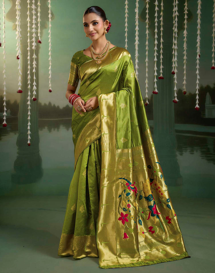 Parrot Green Silk Woven Paithani Saree