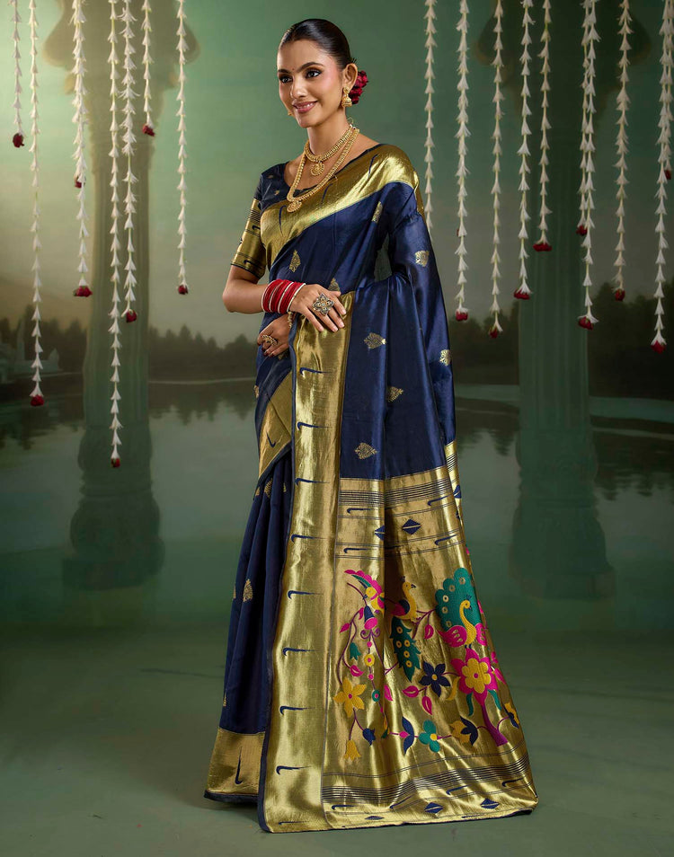 Navy Blue Silk Woven Paithani Saree