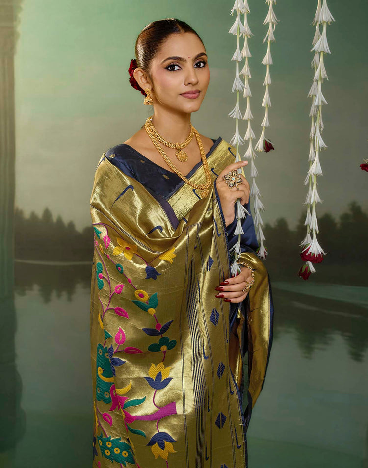 Navy Blue Silk Woven Paithani Saree