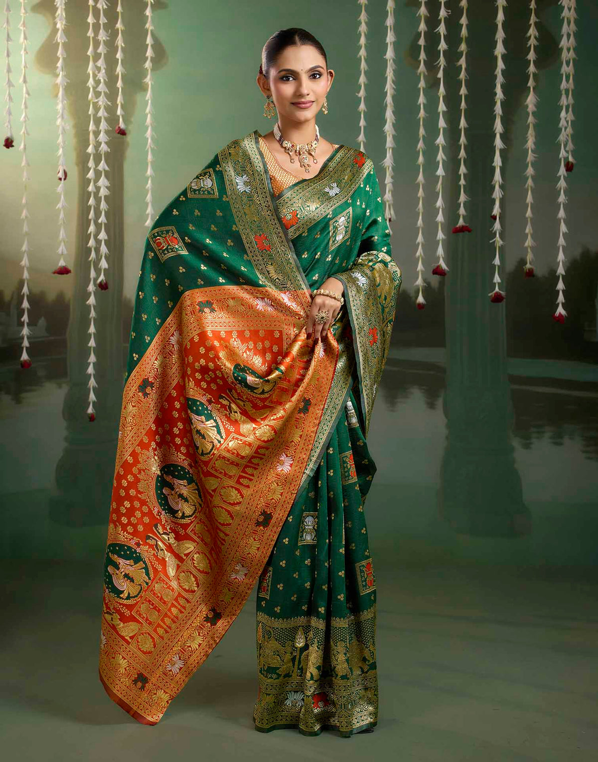 Dark Green Silk Woven Baluchari Saree