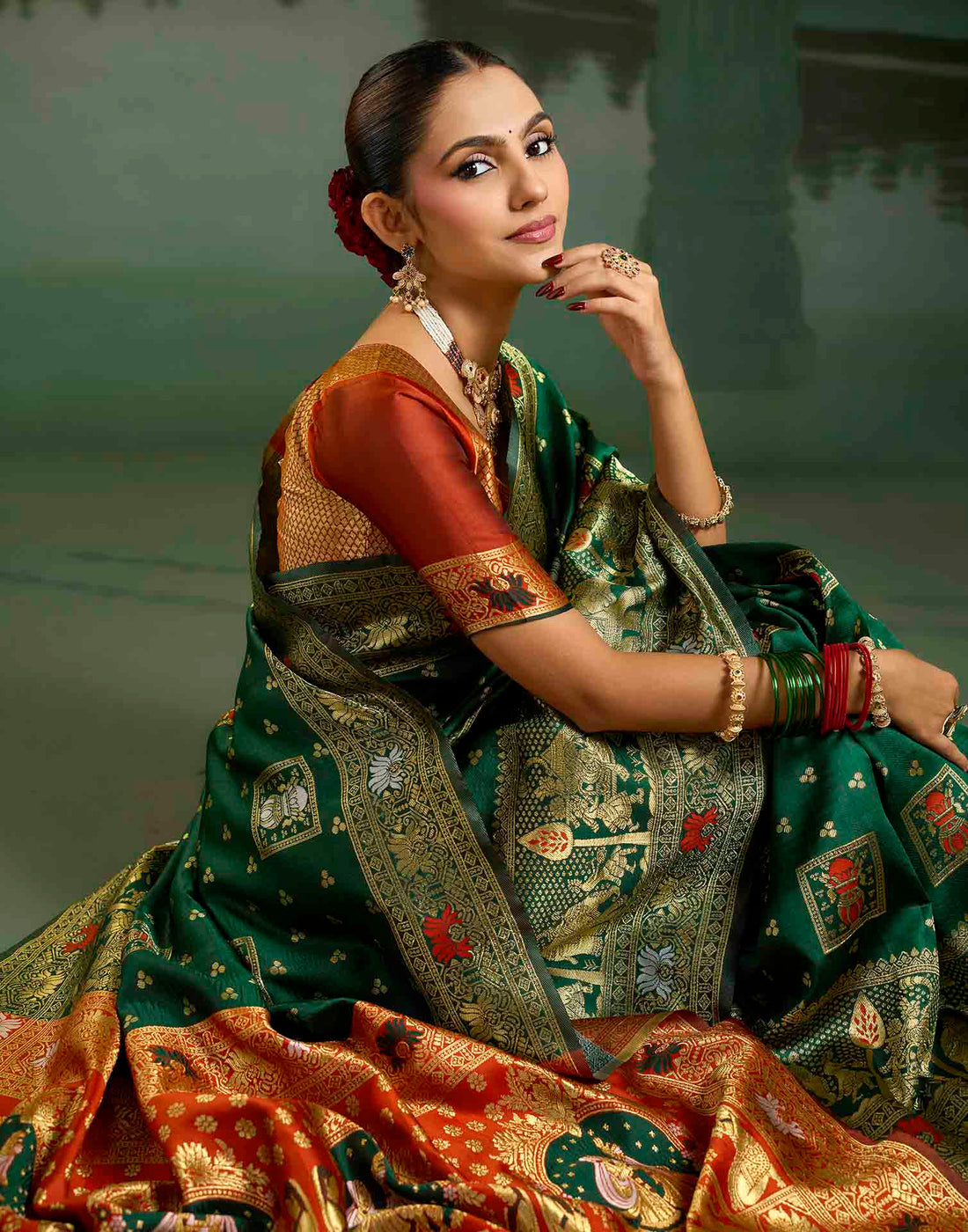 Dark Green Silk Woven Baluchari Saree
