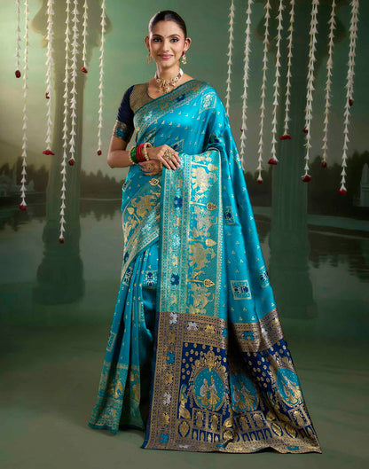 Teal Blue Silk Woven Baluchari Saree