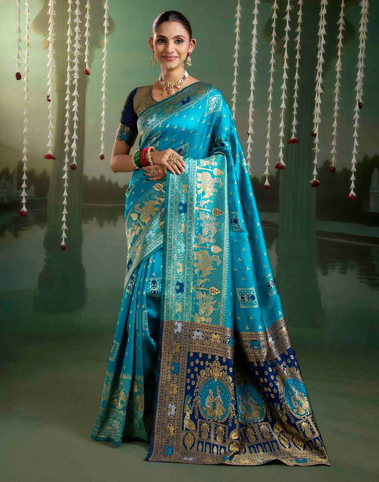 Teal Blue Silk Woven Baluchari Saree