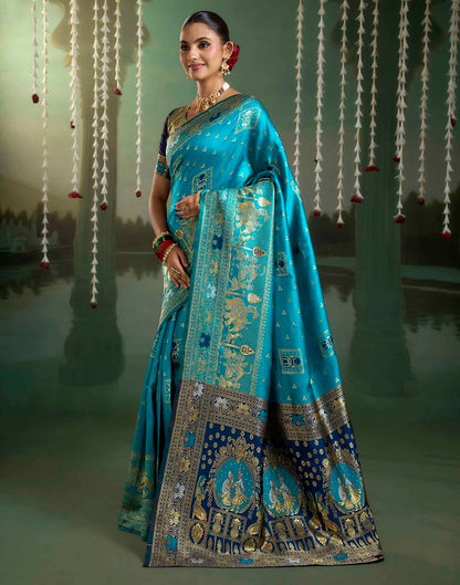 Teal Blue Silk Woven Baluchari Saree