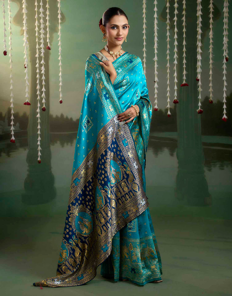 Teal Blue Silk Woven Baluchari Saree