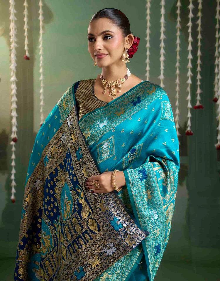 Teal Blue Silk Woven Baluchari Saree