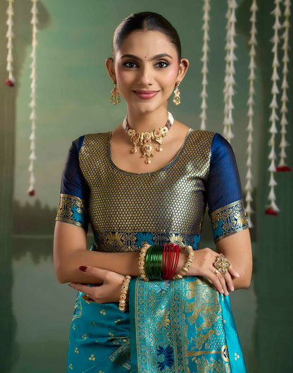 Teal Blue Silk Woven Baluchari Saree
