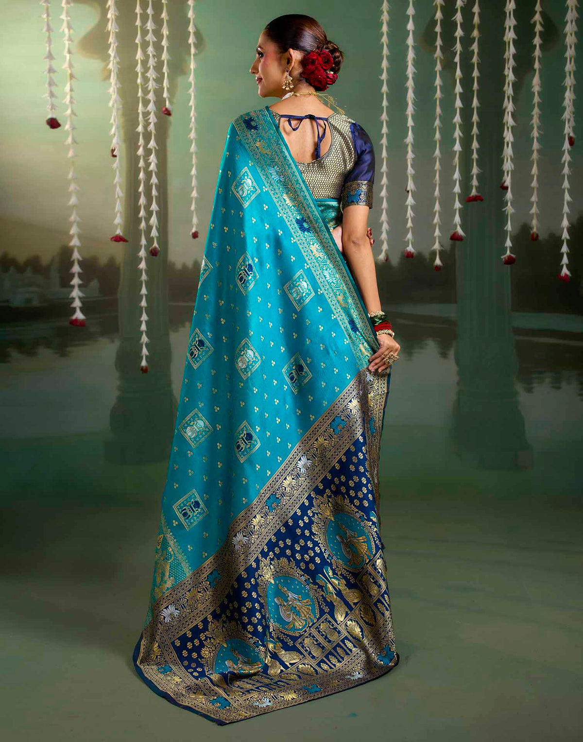 Teal Blue Silk Woven Baluchari Saree