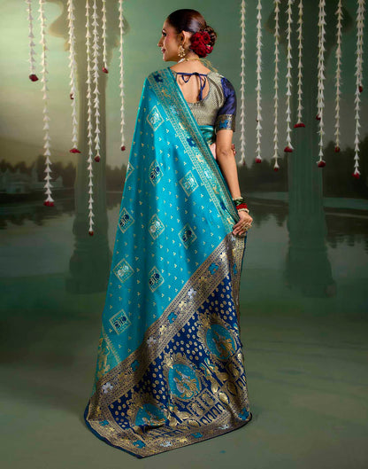 Teal Blue Silk Woven Baluchari Saree