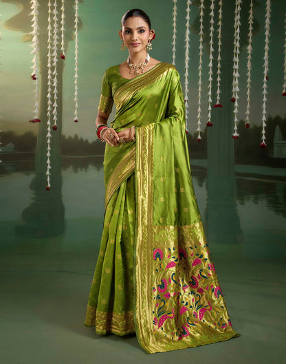 Parrot Green Silk Woven Paithani Saree