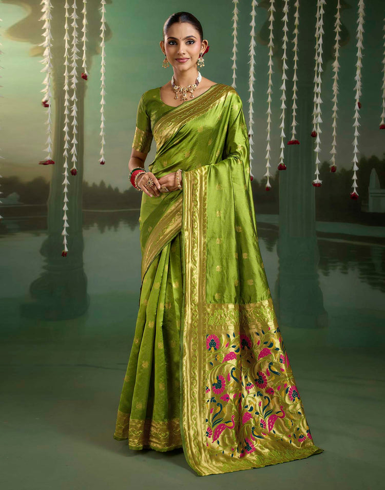 Parrot Green Silk Woven Paithani Saree