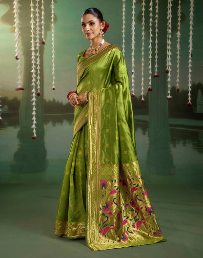 Parrot Green Silk Woven Paithani Saree