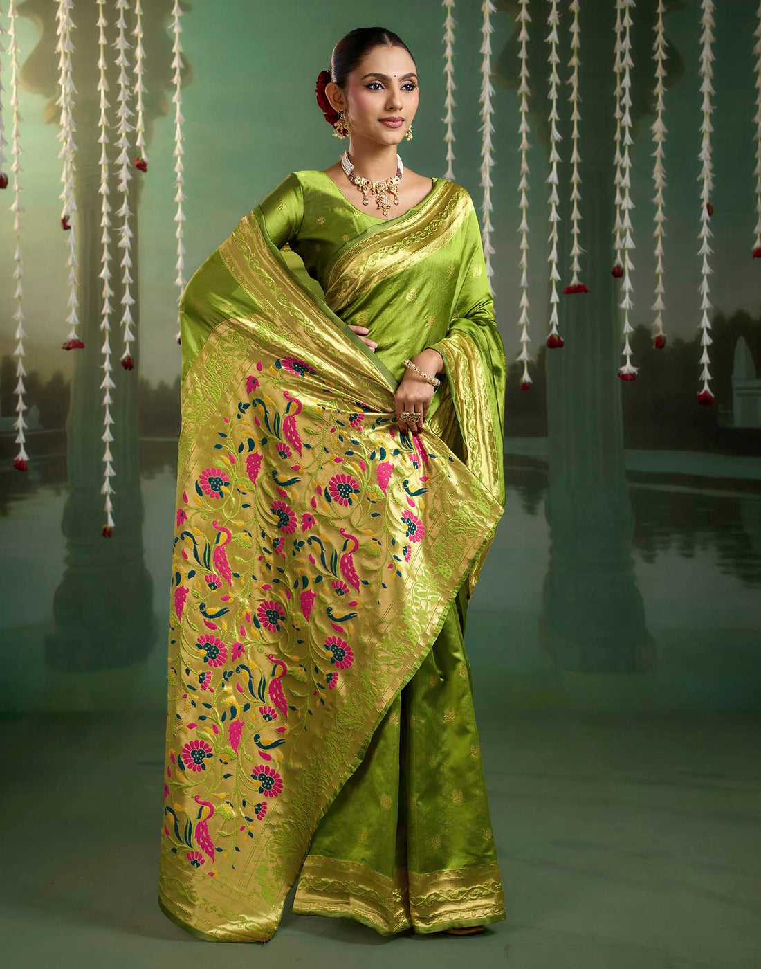 Parrot Green Silk Woven Paithani Saree