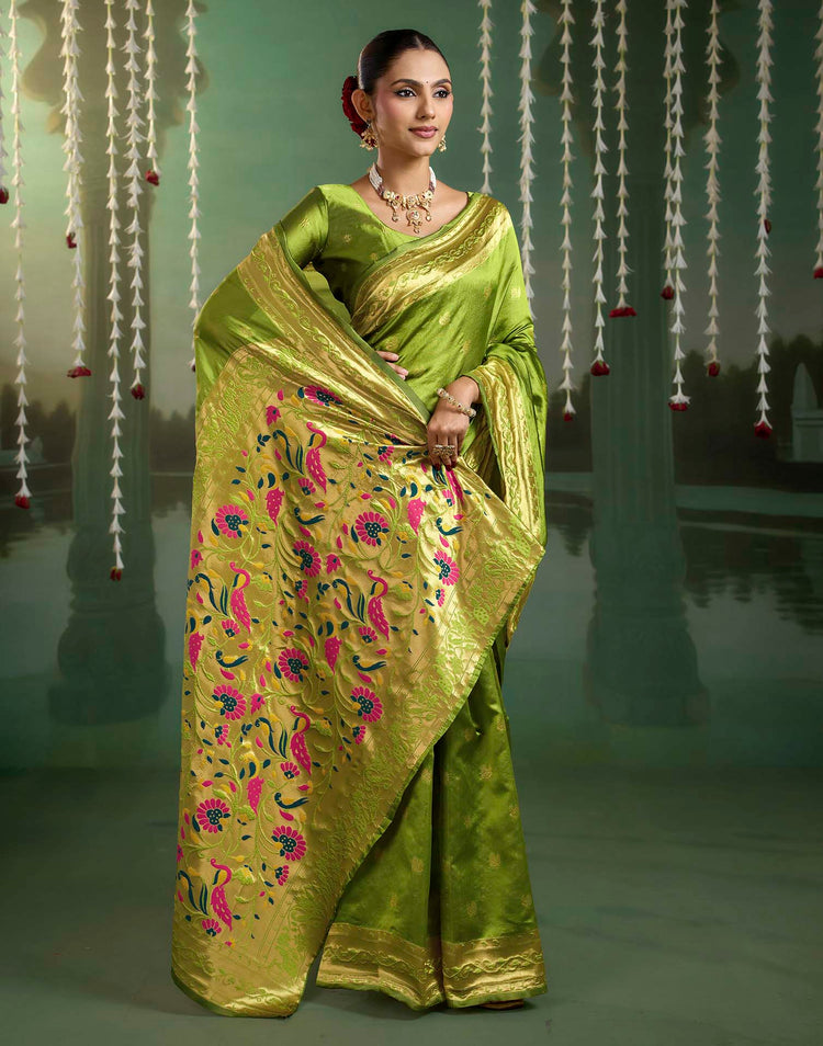 Parrot Green Silk Woven Paithani Saree