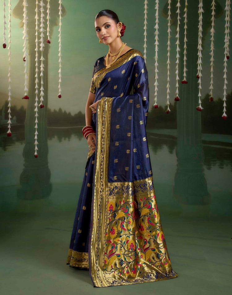 Navy Blue Silk Woven Paithani Saree