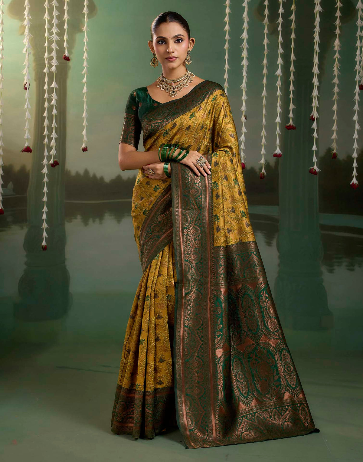 Dusty Yellow Silk Woven Banarasi Saree